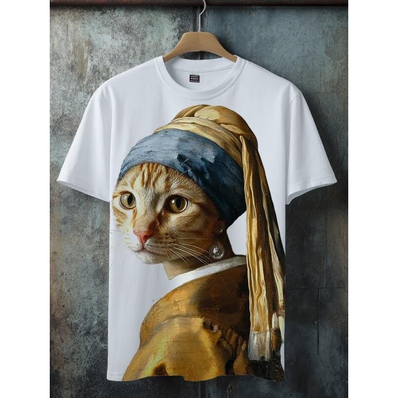 Men's Funny 3D Fantasy Animal Cat Dinosaur Print T shirt Loose Men Short Sleeve Cartoon Tees Outdoor Casual Streetwear Party Top