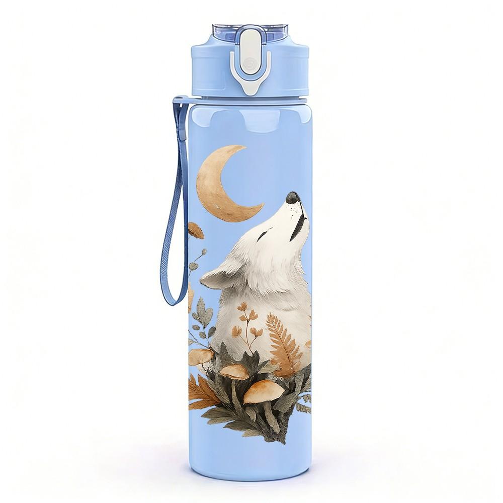 1PC Moon Forest Wolf Portrait 750ml Color Plastic Sports Water Bottle Leakproof Flip Straw Lid Suitable for Sports Office Home Use