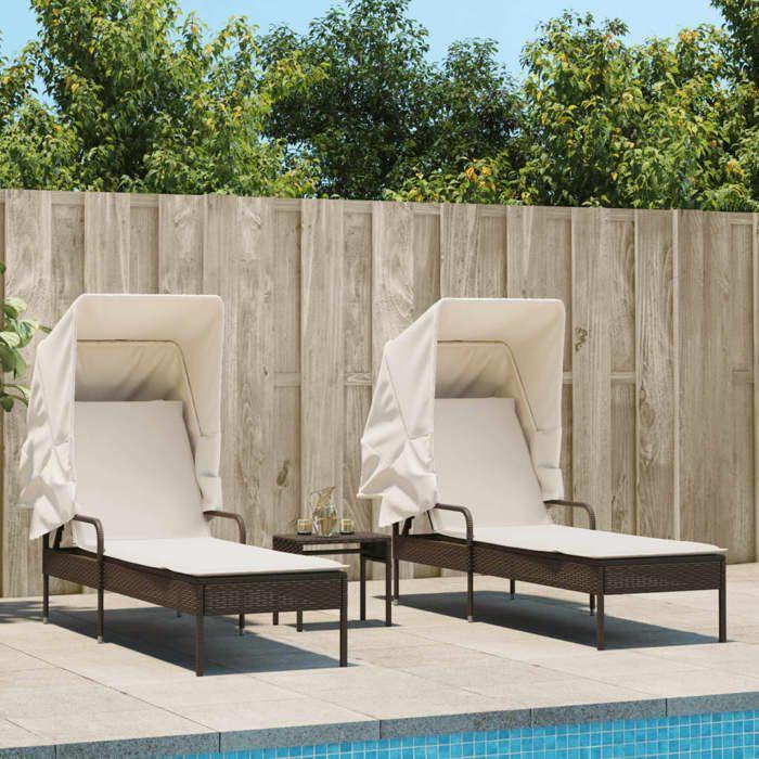 VidaXL Chaises longues lot de 2 et auvents et table marron poly rotin, lit de bronzage, chaise longue inclinable, lit de 3261570