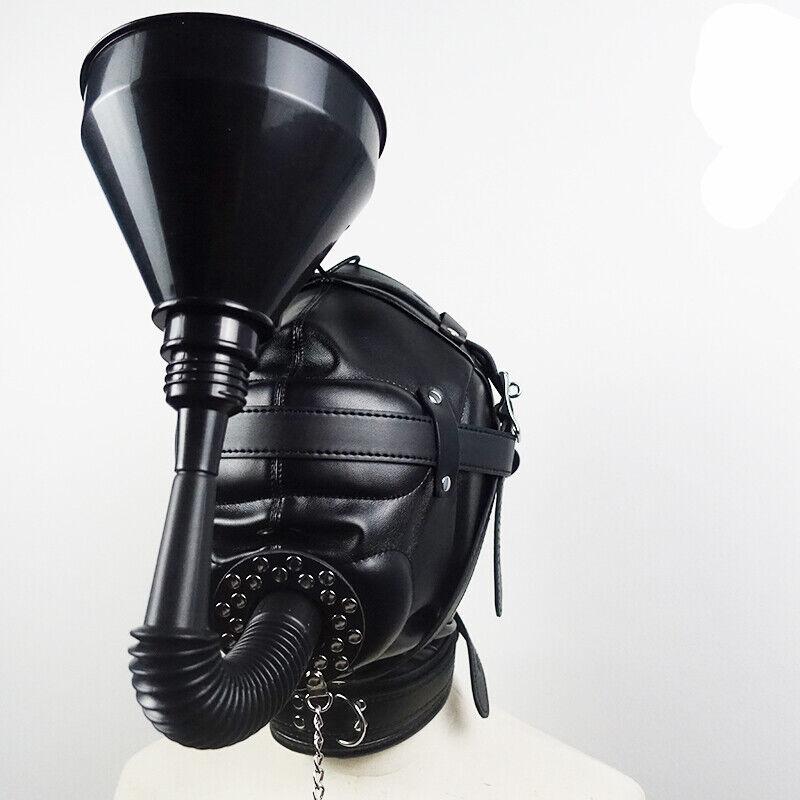 PU Leather Mask Hood Oral Gag Headgear with Funnel Detachable Cover Bondage Gimp Sexy Costume Sex Toys for Men Women