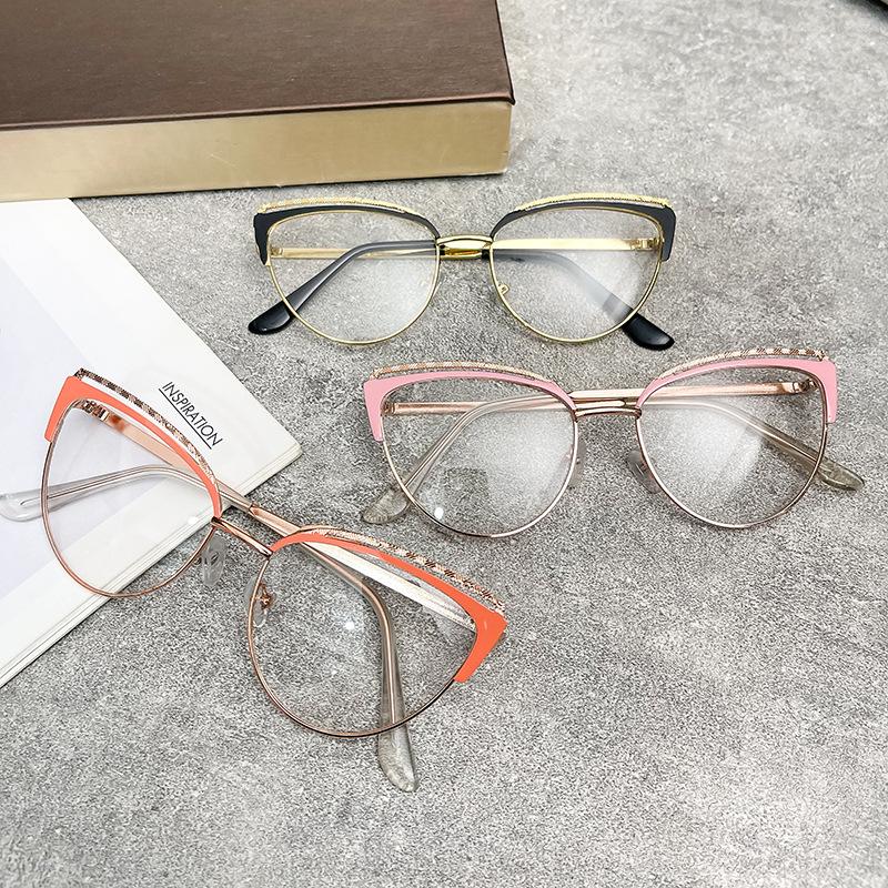 New Cat Eye Glasses Pink Frame Metal Anti Blue Light Flat Glasses Plain Brand Design Retro Myopia Women Computer Eyewear