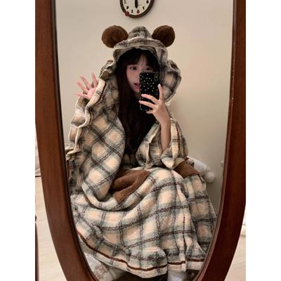 Зимние длинные рукава с капюшоном толстые теплые халаты-кимоно для женщин сексуальные милые халаты с медведем пижамы ночная рубашка ночная рубашка