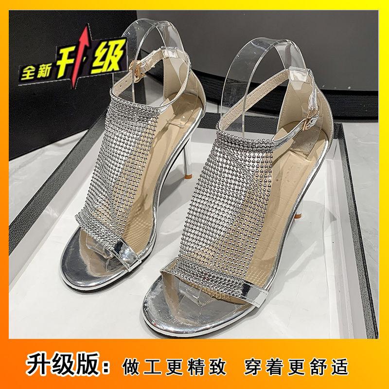 Summer New Open-toed Rhinestone T-band Internet Celebrity High Heels 2025 Foreign Style 8.5cm Stiletto Sandals Women