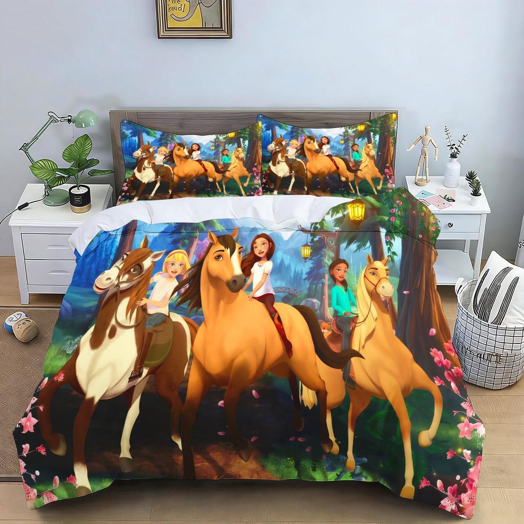 Spirit Riding Free Cartoon Horse Bedding Set Running Horses Print Duvet Cover Pillowcase Soft Kids Bedroom Bed Linens