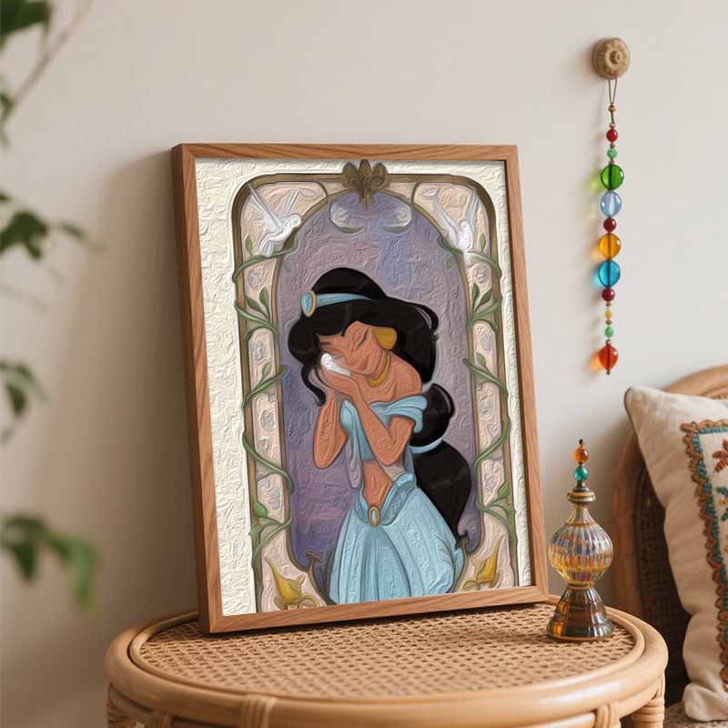 Disney Princess Jasmine Oil Art Painting Kit Home Wall Decor Handmade Gift Elegant Floral Frame Aesthetic Artwork Relaxing DIY Craft Set