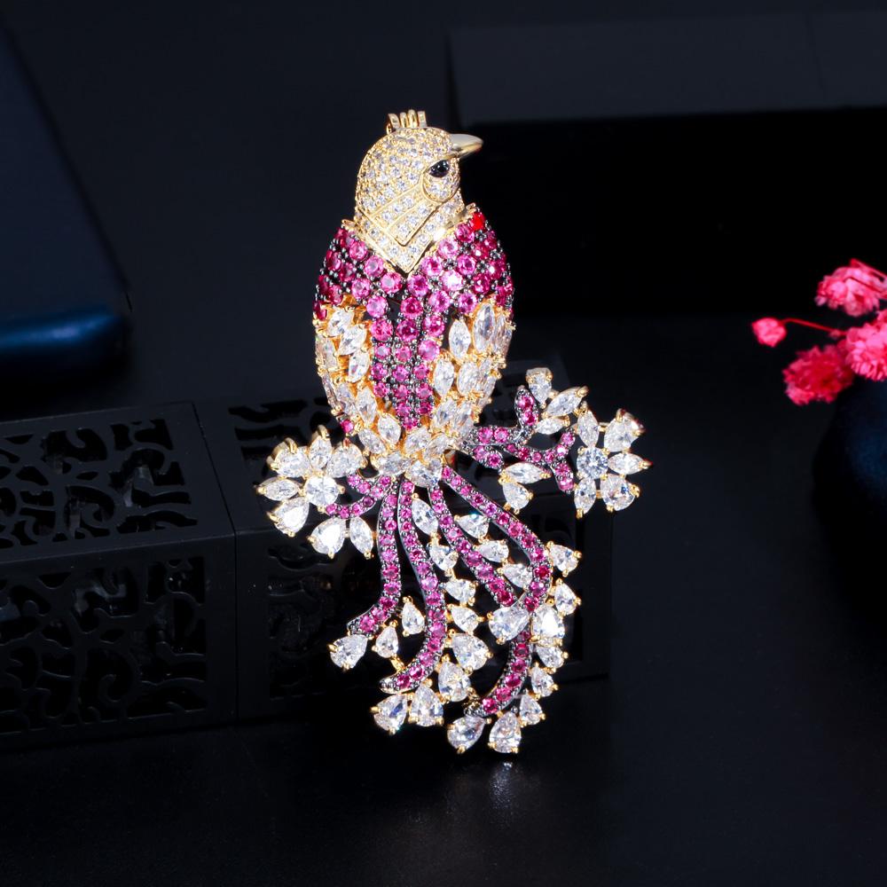 CMM Sparkly Luxury Golden Color Lucky Bird Cubic Zirconia Brooches