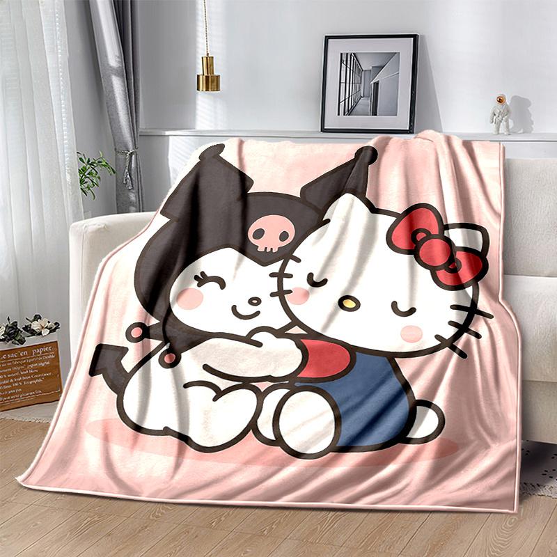 1pc Spooky Halloween Hug Kuromi & Hello Kitty Blanket, Cute Cartoon Throw for Home Decor, Gift Idea, Living Room, Travel, Camping, Car Blankets, Beach