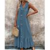 Women'S Spring And Summer Bohemian Maxi Dresses, Solid Color V-neck Sleeveless Pleated Hem Smoked Long Dress