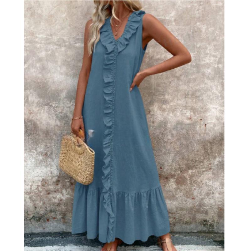 Women'S Spring And Summer Bohemian Maxi Dresses, Solid Color V-neck Sleeveless Pleated Hem Smoked Long Dress