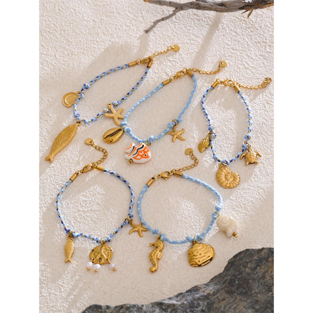 Yhpup Fashion Handmade Jewelry Rope Braided Starfish Shell Fish Drop Bracelet Bangle Oceanic Style Summer Daily Wear Jewelry