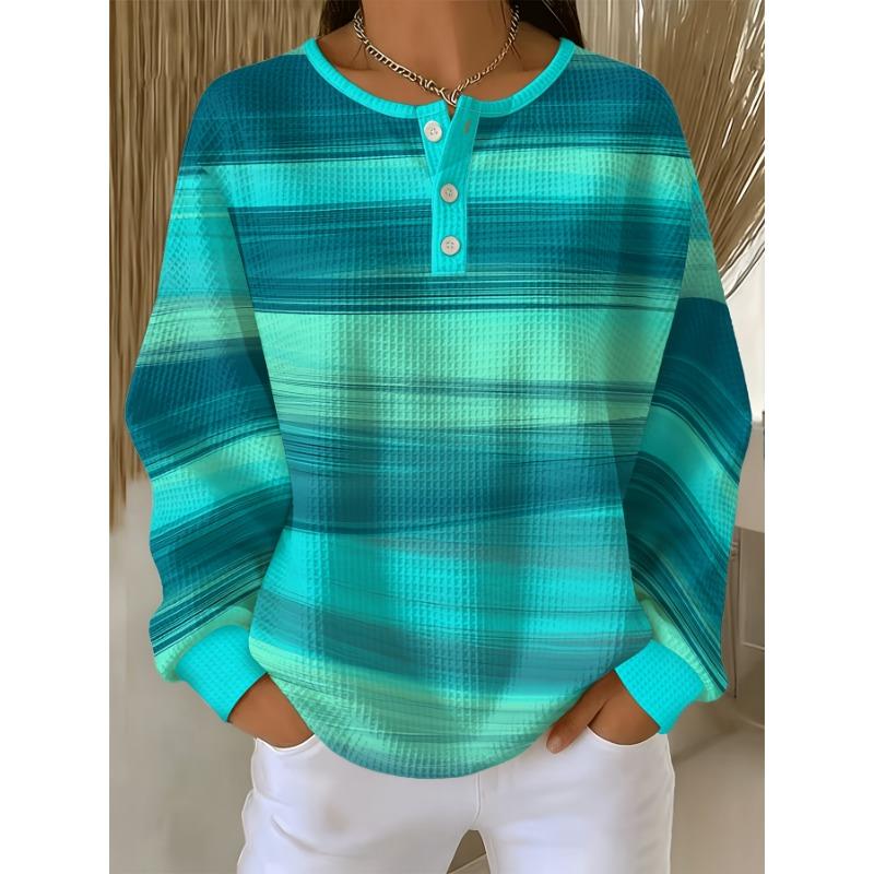 Women's Refreshing Summer Vitality, Teal Green Horizontal Stripe Pattern, Waffle Sweatshirt