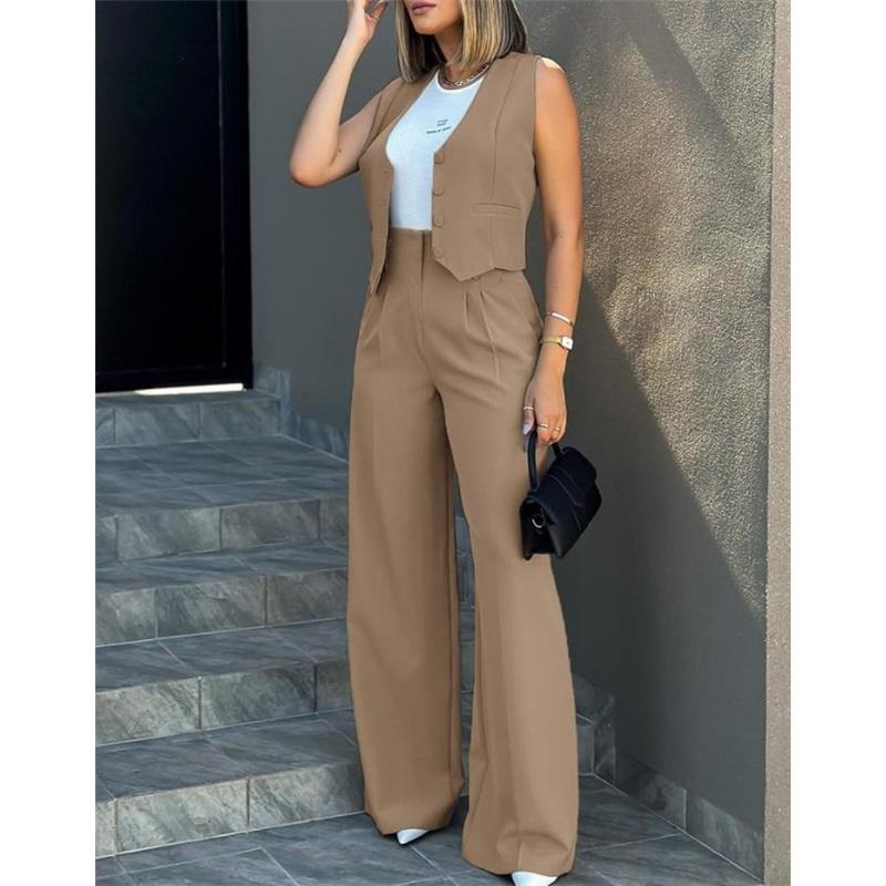 Женский костюм из 2 предметов: безрукавка на пуговицах, брюки с высокой талией и широкими штанинами, офисный повседневный наряд