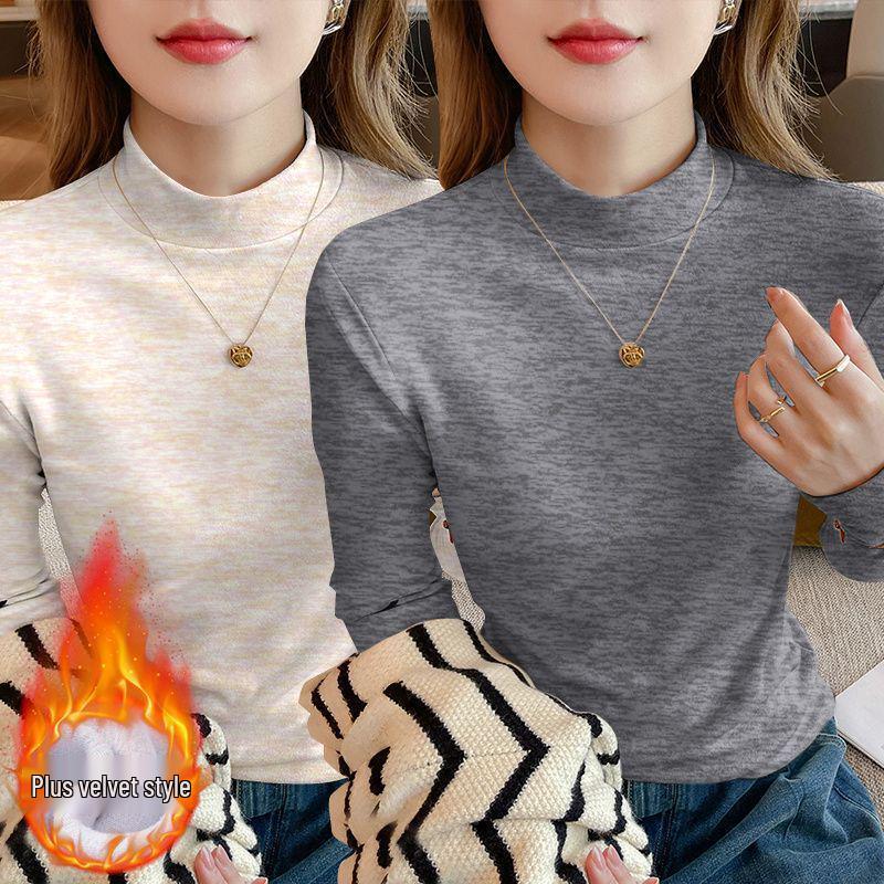 Осень 2025 Большой размер Приталенный Топ-база с длинным рукавом Свободный для женщин с воротником-стойкой