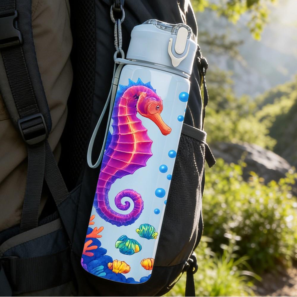 1PC Colorful Seahorse Ocean Pattern Print 750ml Color Plastic Sports Water Bottle Leakproof Flip Straw Lid Suitable for Sports Office Home Use