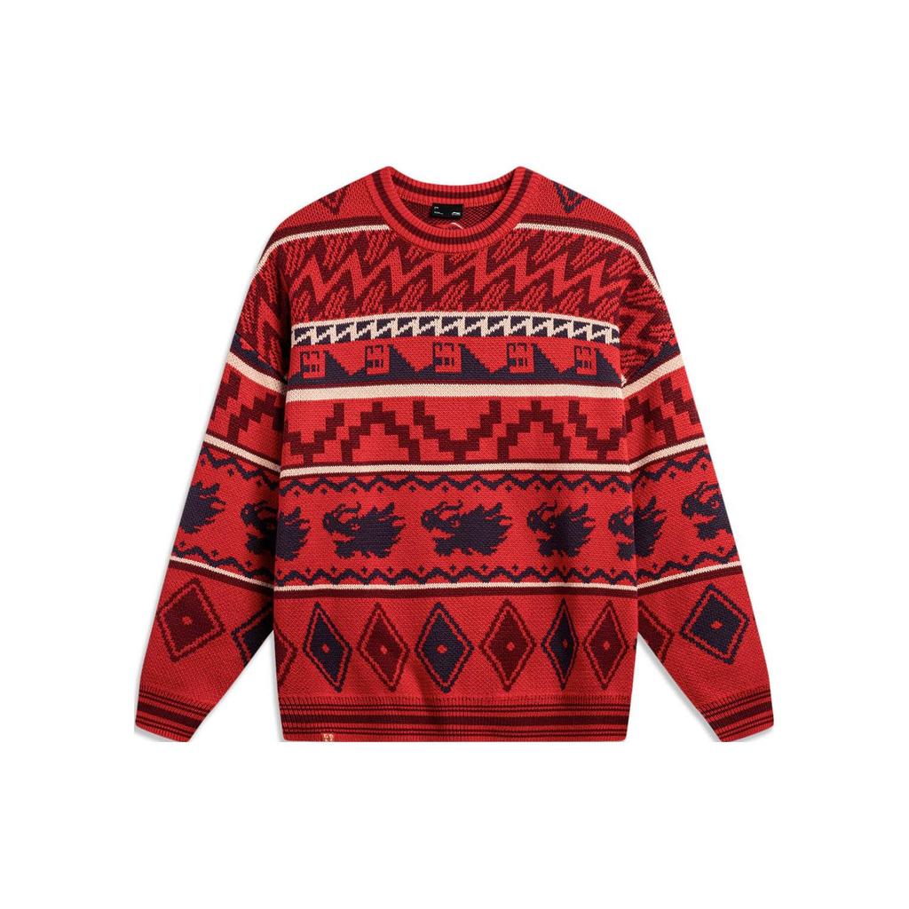 Li Ning Daily Prosperity Series Pullover Round Neck Casual Long Sleeve Sweater Men Sweater Cinnabar-Red AMBU025-3