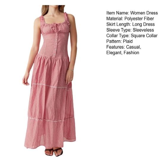 Женское платье макси без рукавов в клетку в клетку с круглым вырезом, длинное платье со сборками, сарафан А-силуэта с рюшами и бретелями, струящийся