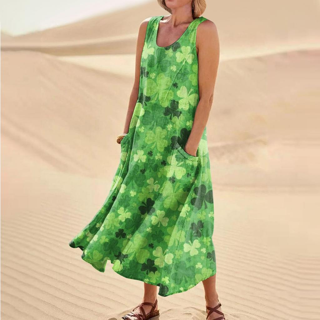 Women's Casual Comfort St. Patrick's Day Printed Sleeveless Pocket Dress
