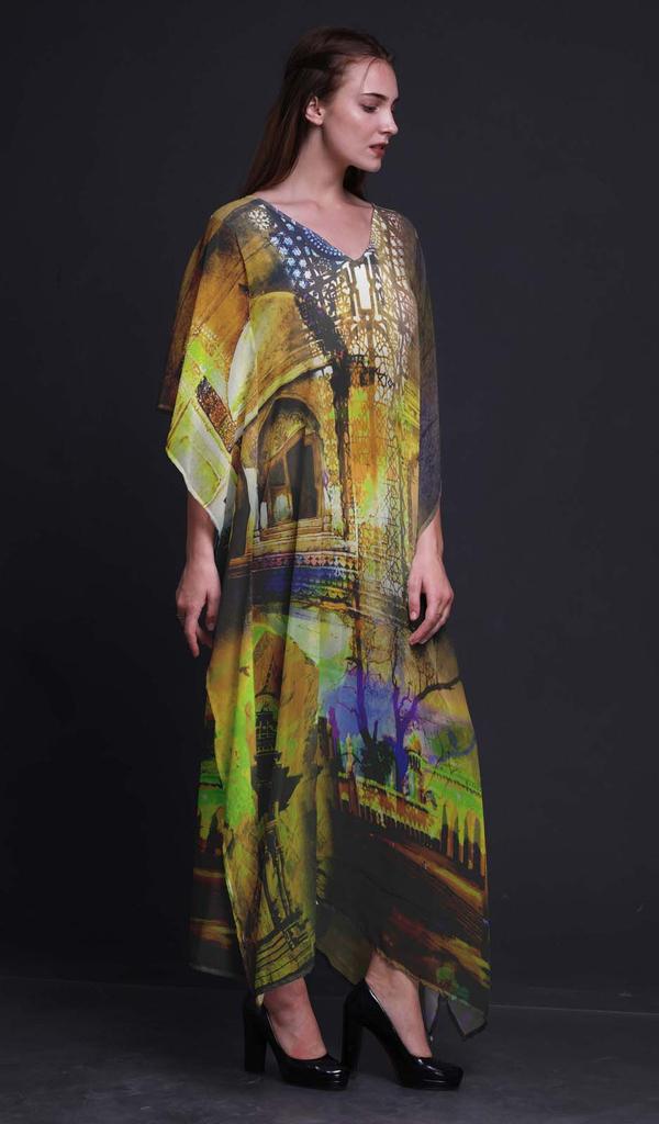 Phagun Mughal Monuments Long Caftan Maxi Dress Beach Swimwear Cover Up Womens