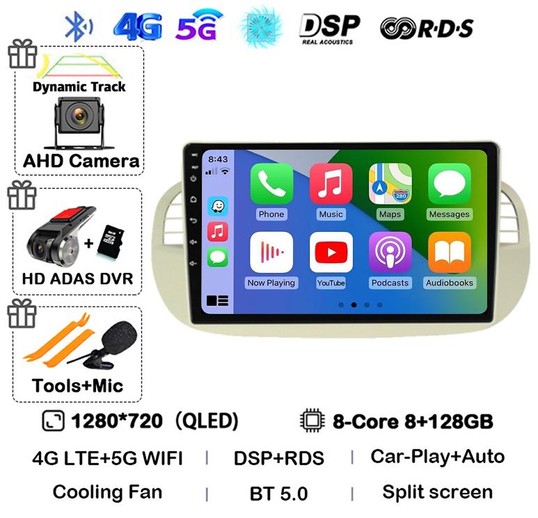 Android 14 Carplay& Auto Car Radio Stereo For Fiat 500 GPS Navigation Steering Wheel Control Multimedia BT WIFI+4G Head Unit DSP