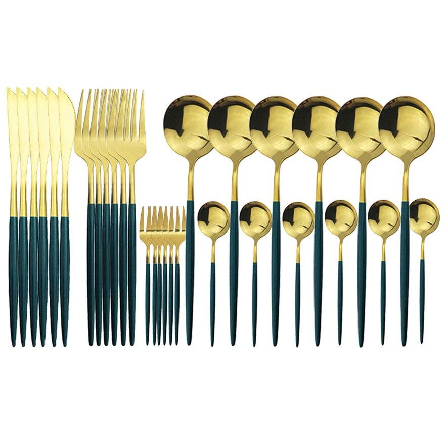 30pcs Black Gold Dinnerware Set Stainless Steel Flatware Set Cake Fork Coffee Spoon Knife Silverware Tableware Set Cutlery Set