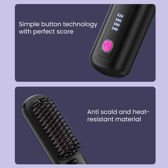 Cordless Hair Straightener Brush with 3 Temperature Settings Portable Mini Hair Straightening Comb Rechargeable Fast Heating Electric Hot Brush