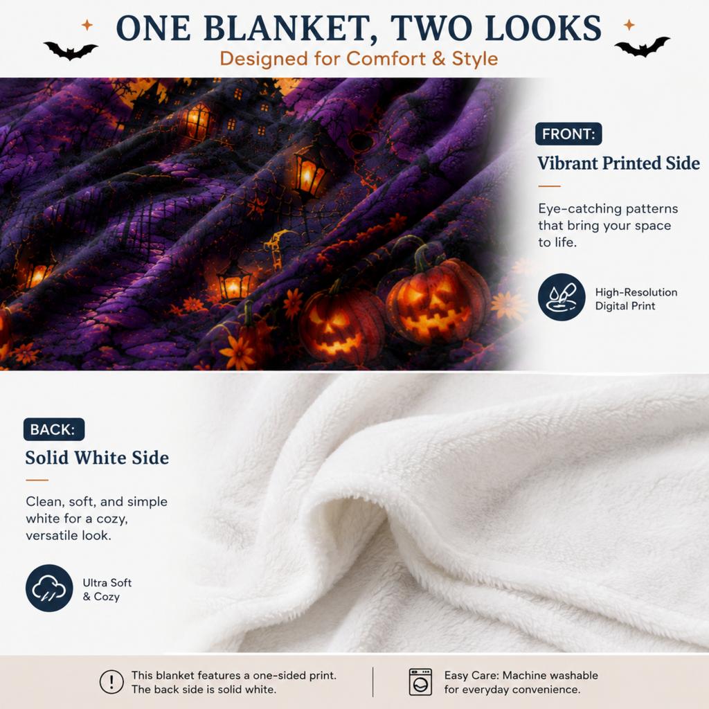 Halloween Black Cat Pumpkin Flannel Blanket Vintage Moon Bat Autumn Floral Print Soft Cozy Holiday Throw Blanket