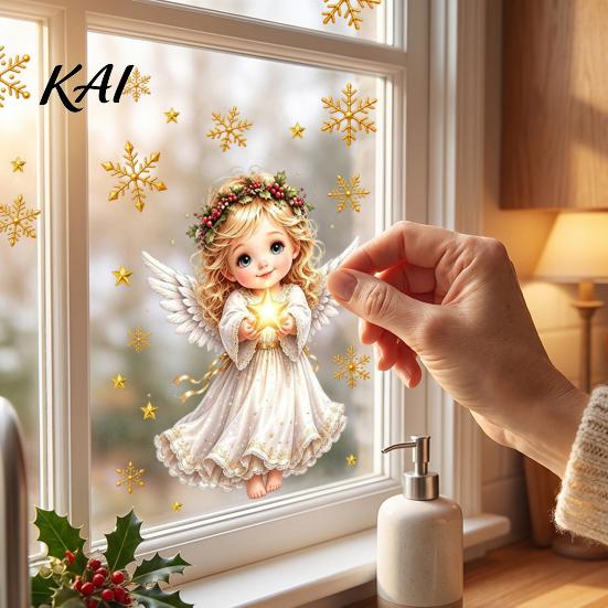 Home Window Adhesives Christmas Angel Clings, Removable PVC Static Glass Stickers for Holiday Glue Free Film Decor, Reusable Electrostatic Snowflake
