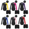 Kids Girls Gymnastic Performance Outfit Shiny Rhinestone Color Block Patchwork Long Sleeve Leotard with Shorts Hair Band