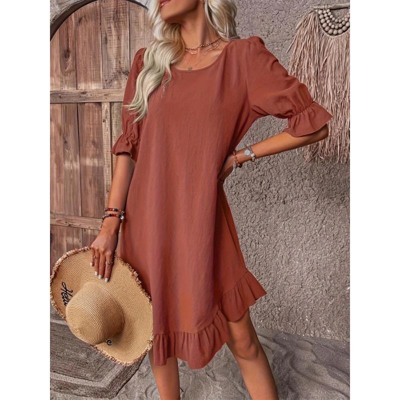 Solid Color Half Sleeve Dress, Casual Crew Neck Dress For Spring, Women's Clothing