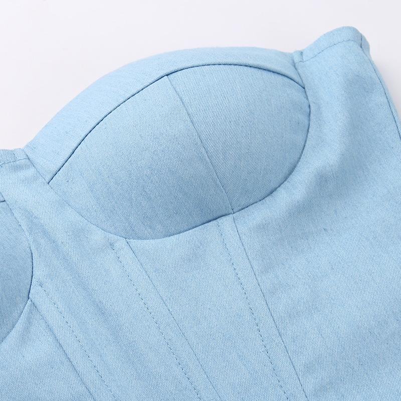 Женский модный топ с чашками из искусственного денима, топ Spice Girl с поясом на талии, топ с бюстом