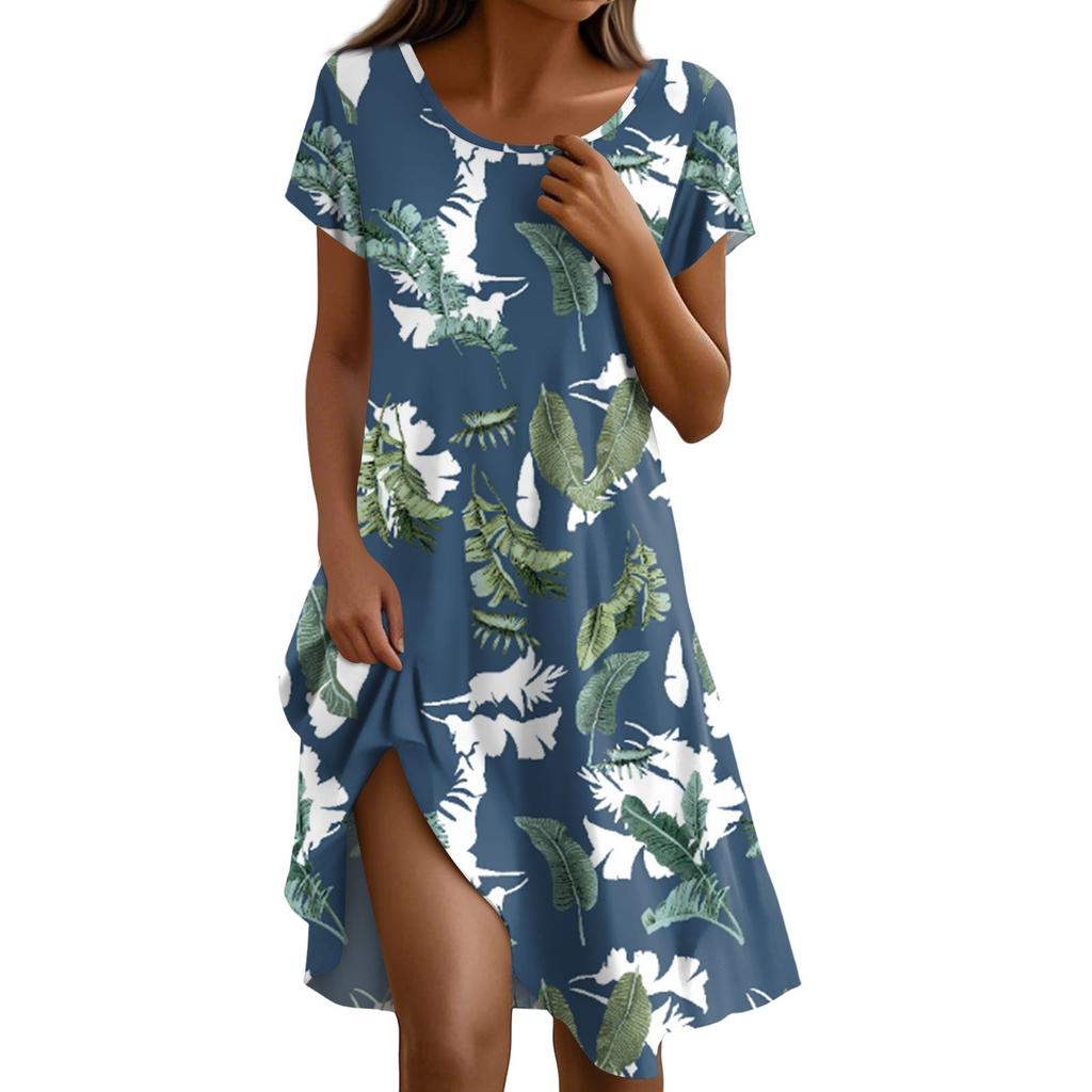 Short Sleeve Boho Dress For Women Casual Loose Fit Summer Sundress Floral Print Dress With Pockets