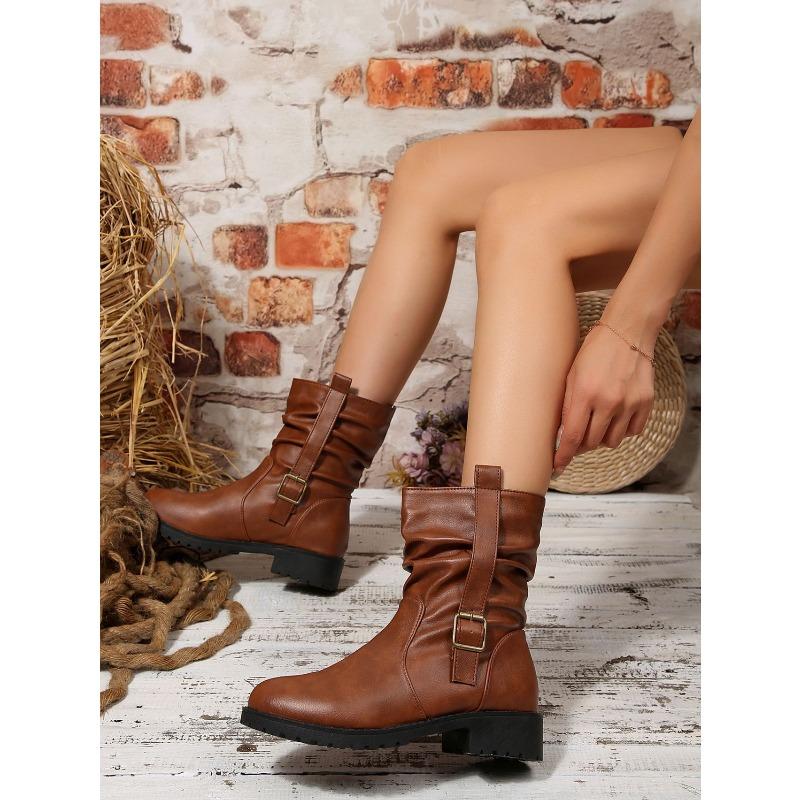 Круглая пряжка-ремень для скальпа, плиссированные ботинки-чулки, зима 2025, новые, ретро, больших размеров, в британском стиле, на толстом каблуке, ботинки-мартенсы для женщин