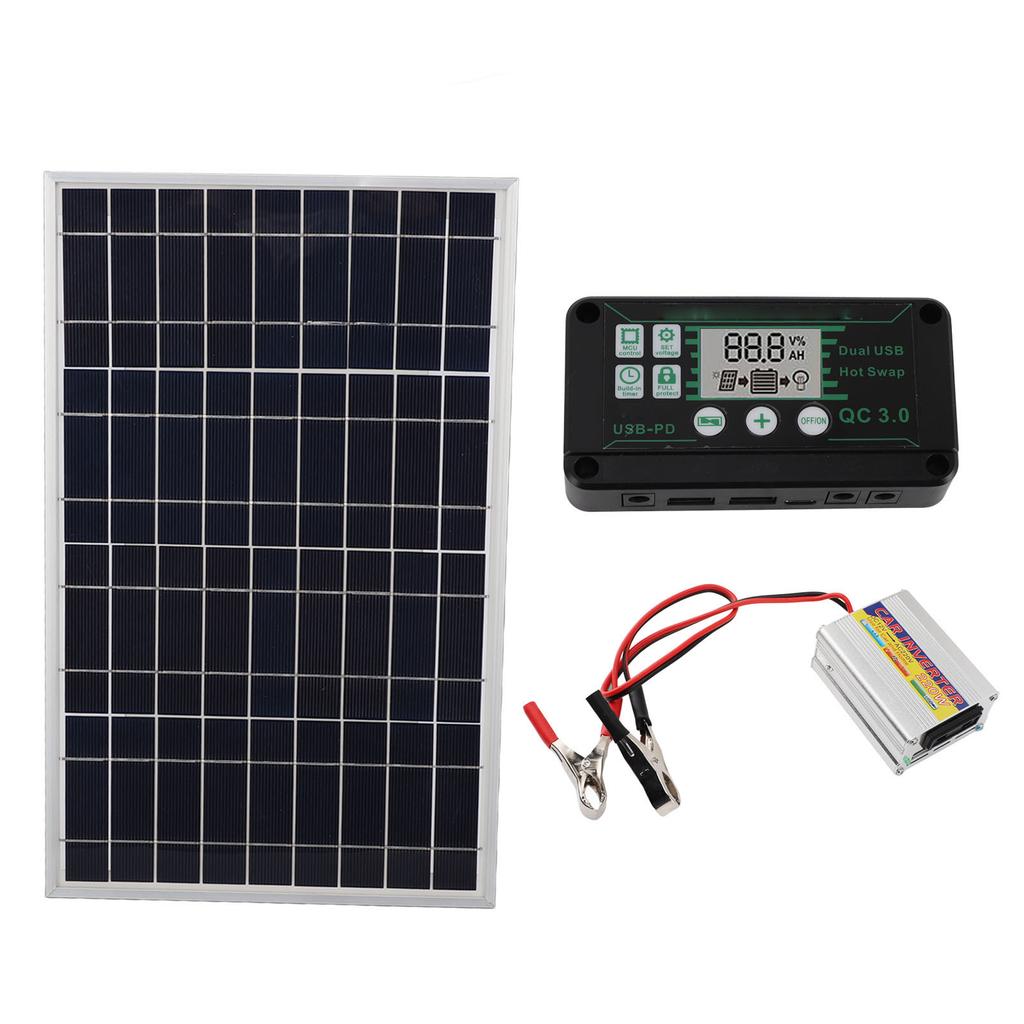 30W Solar Panel Kit with 220W Inverter and MPPT QC3.0 Controller, Portable Solar for RV Camping Boat Car 12V Battery