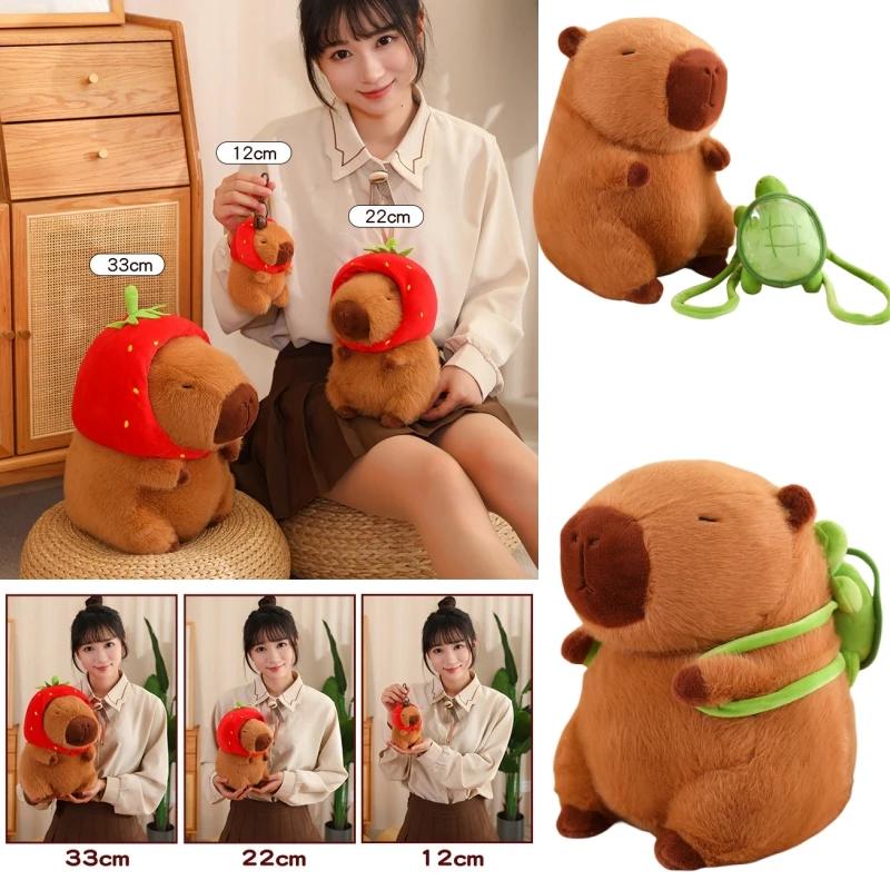 Strawberry Hat Capybara Plush Toy Simulation Turtle Backpack Capibara Stuffed Animals Papa Hand Circle Ring Small Size Pendant