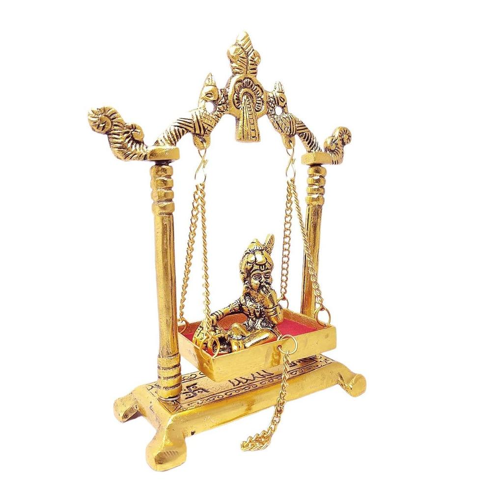 Ладду Гопал на Джула Палана Металлическая Статуэтка Позолоченная Декор для Дома, Офиса Металлическая Мурти Кришны, Фигурки для Витрины, Религиозные