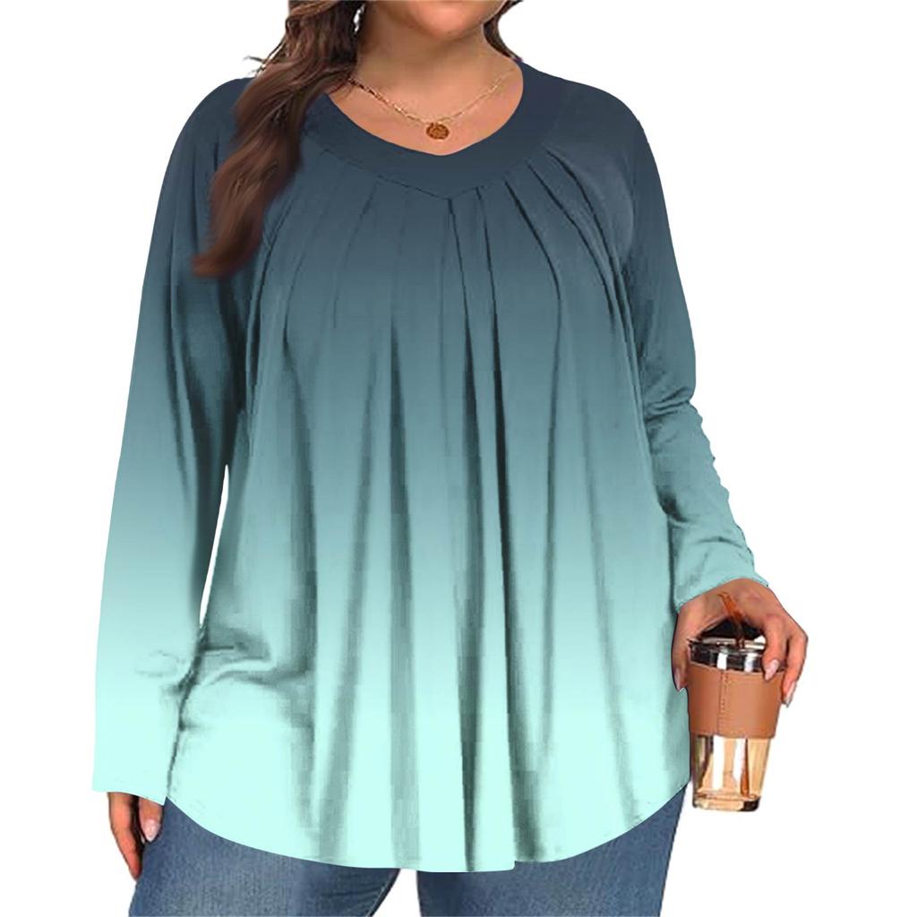 Women's Plus Size Fashion  Printed Casual Pleated Round Neck Long Sleeve Top