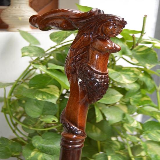 Mermaid Wooden Carved Walking Stick Cane Handmade Wood Crafted Comfortable Handle Hand Carved Cane Ergonomic Handle for Comfort
