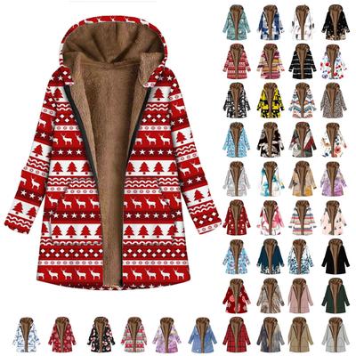 Женское повседневное пальто с длинным рукавом и большим рождественским принтом на молнии с плюшевым капюшоном и карманами