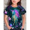 2024 Summer 4-14 Years Children's Kids Cute Girls And Boys Lightweight and Breathable 3D Colorful Unicorn Print T-Shirt Tops