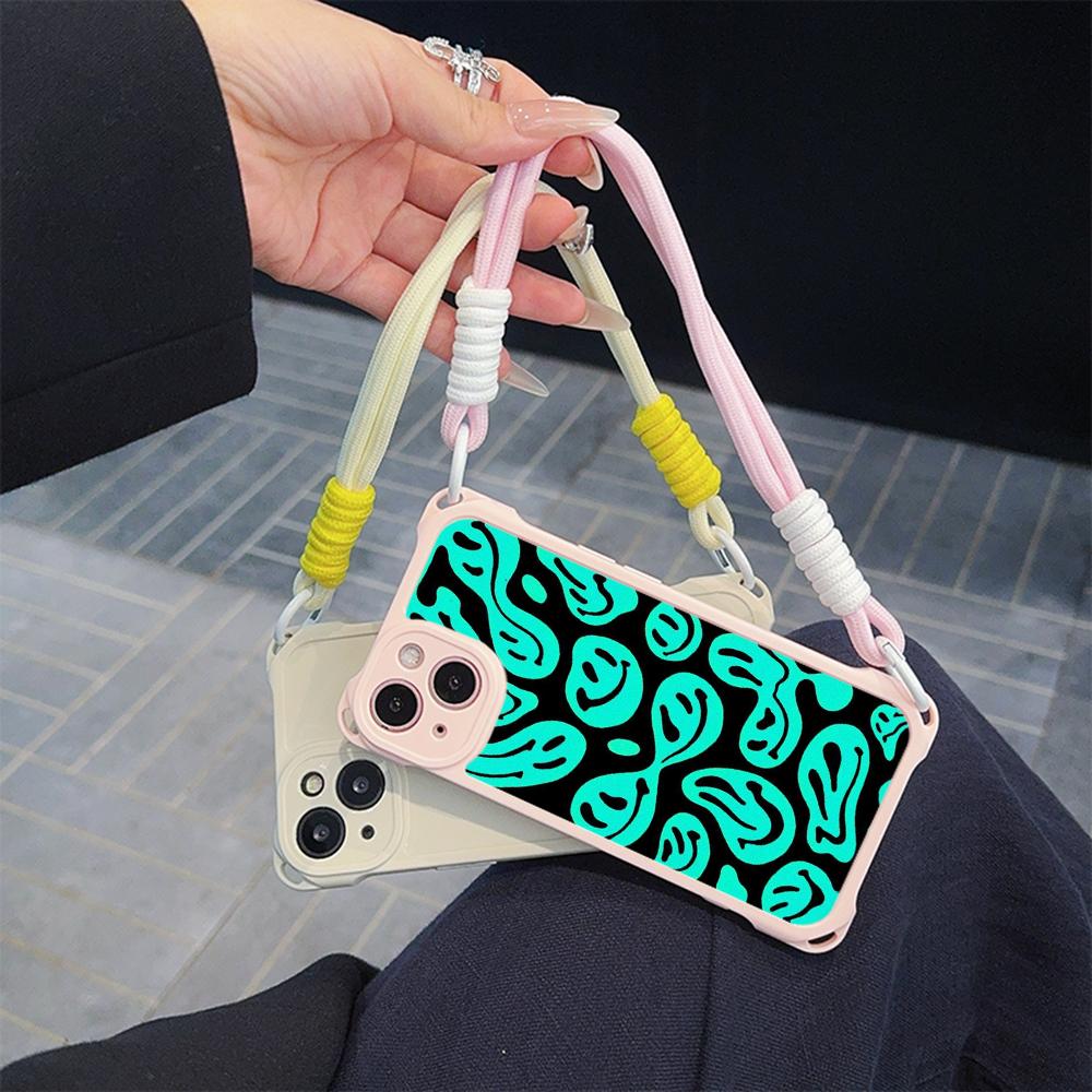 Мягкие чехлы для телефонов Ae88 Lovely Smiley Art для iPhone 16 15 14 13 12 11 Pro Max XR с ремешком на запястье, защитной крышкой для углов