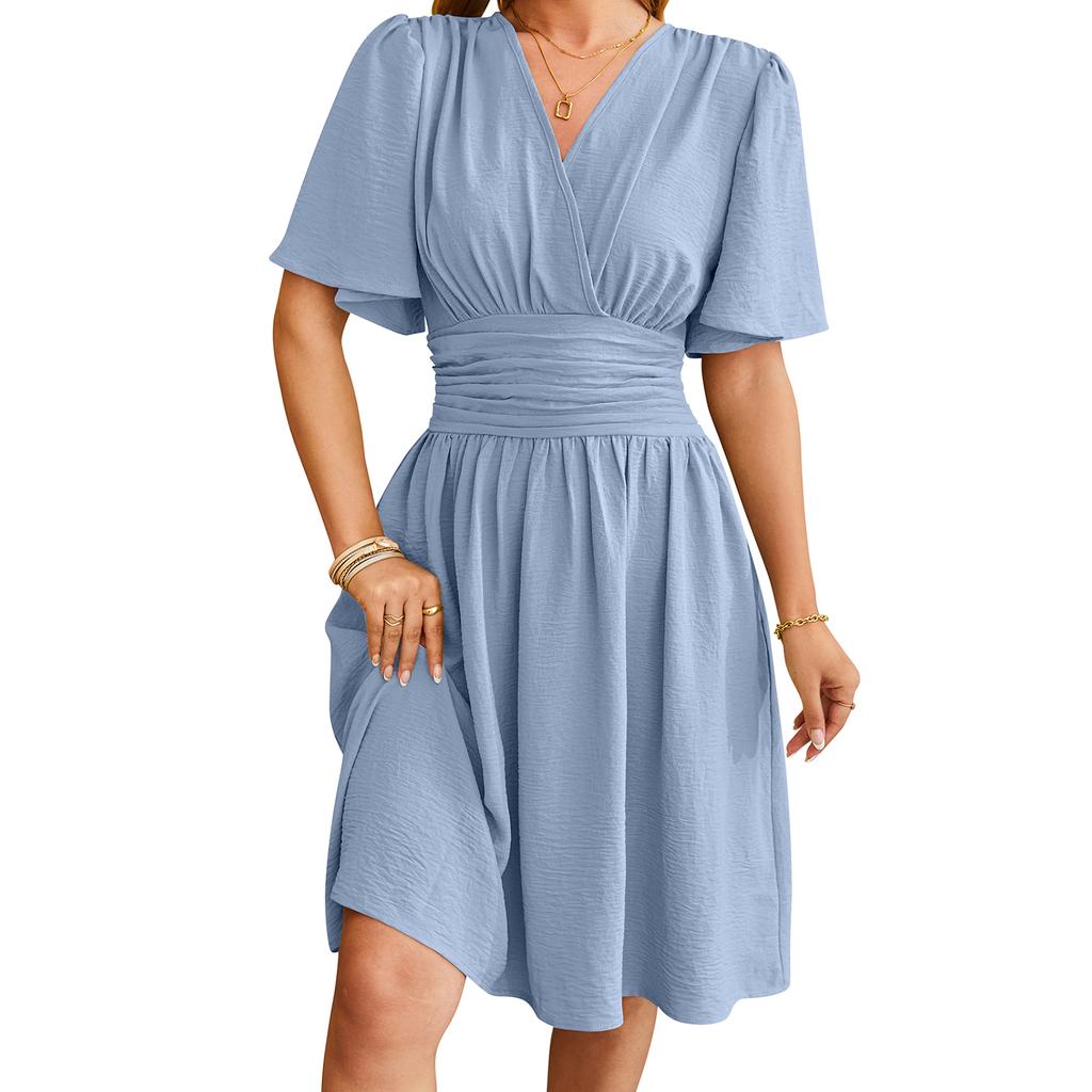 Women Midi Dress Solid Color Short Sleeve V-Neck Dress Summer Fashion Casual A-line Dress