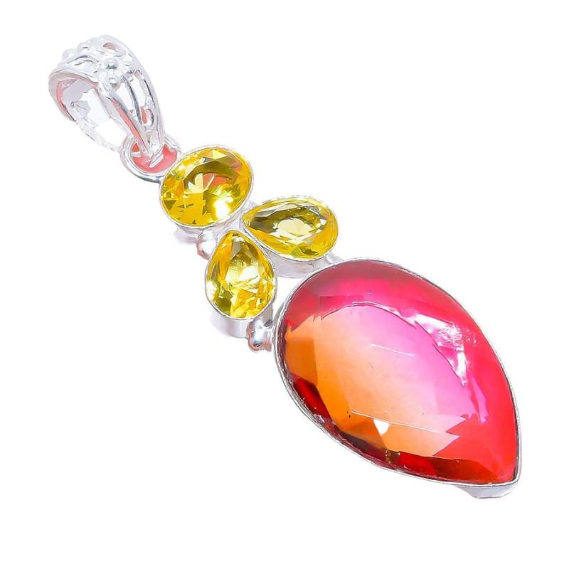 Bi-Color Tourmaline, Citrine 925 Sterling Silver Jewelry Pendant 2.6" AH-3288