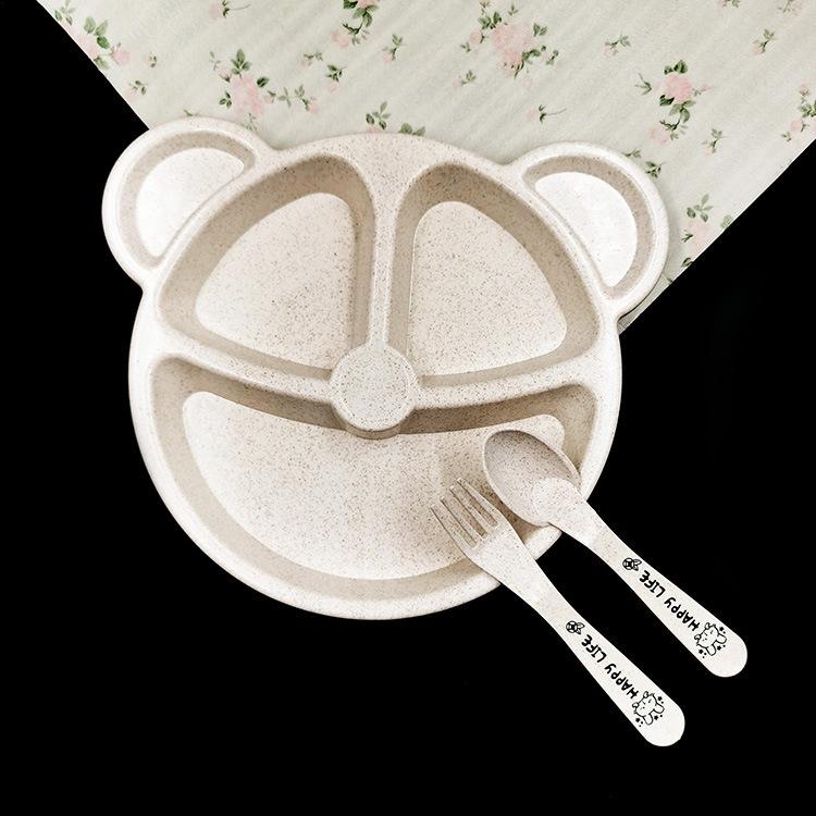 Wheat Bear Children's Plate Set 3-piece Cartoon Tableware Students Divided Breakfast Plate Delivery Spork