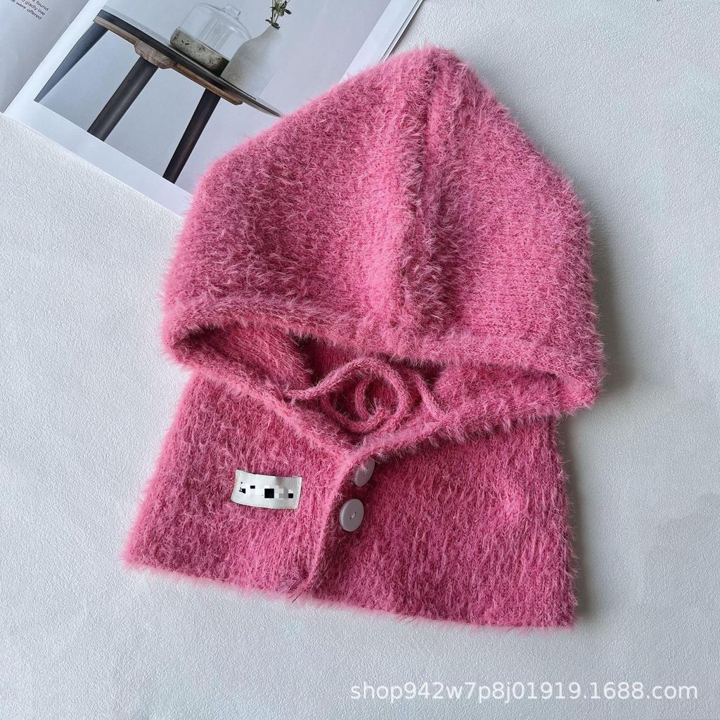 New winter wool hat popular fake hoodie hat scarf shawl integrated knitted ear hat fashion