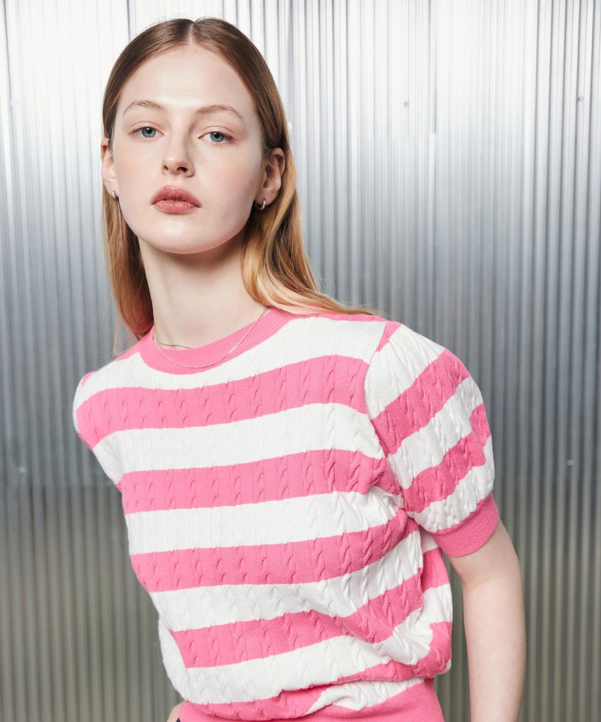 LARTIGENT L2 Stripe Short Sleeve Knit(Pink)