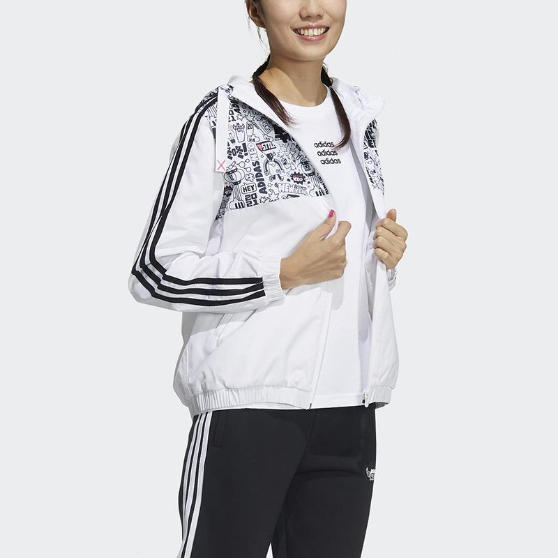 adidas Коллекция Neo Lunar New Year, набивной узор, капюшон, стандартный рукав, винтажная спортивная свободная куртка с воротником-стойкой, женская куртка белого цвета GR0461