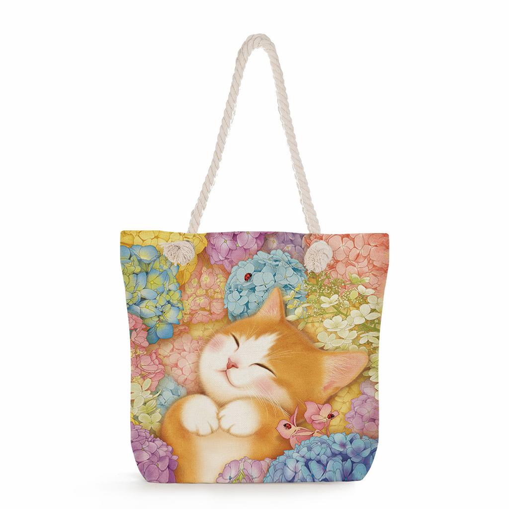 Cat print thick rope single-shoulder beach bag 7215 KTB