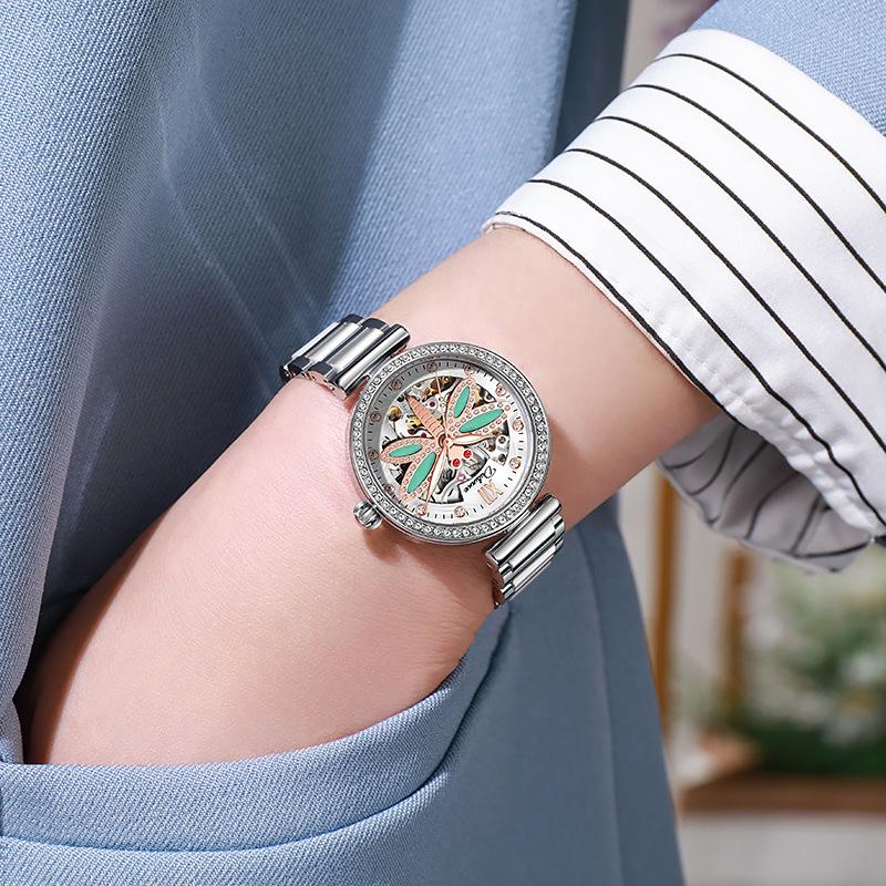 Dulunwe Automatic Mechanical Watches for Women Fashion Waterproof Watch with Dragonfly Dial for Ladies Gifts Diamond Watches