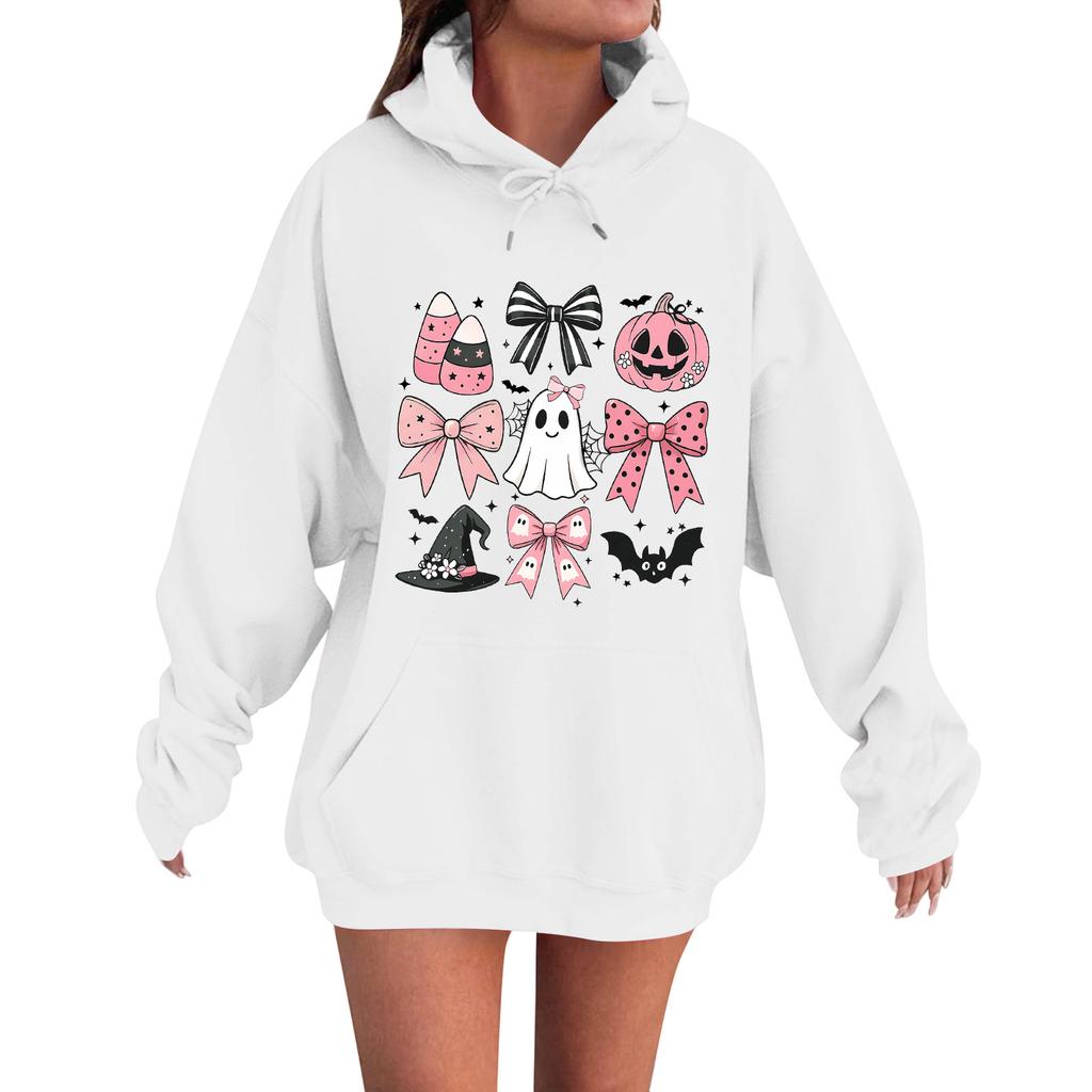 Женская повседневная модная удобная толстовка с круглым вырезом, капюшоном и длинными рукавами с принтом на Хэллоуин, теплая