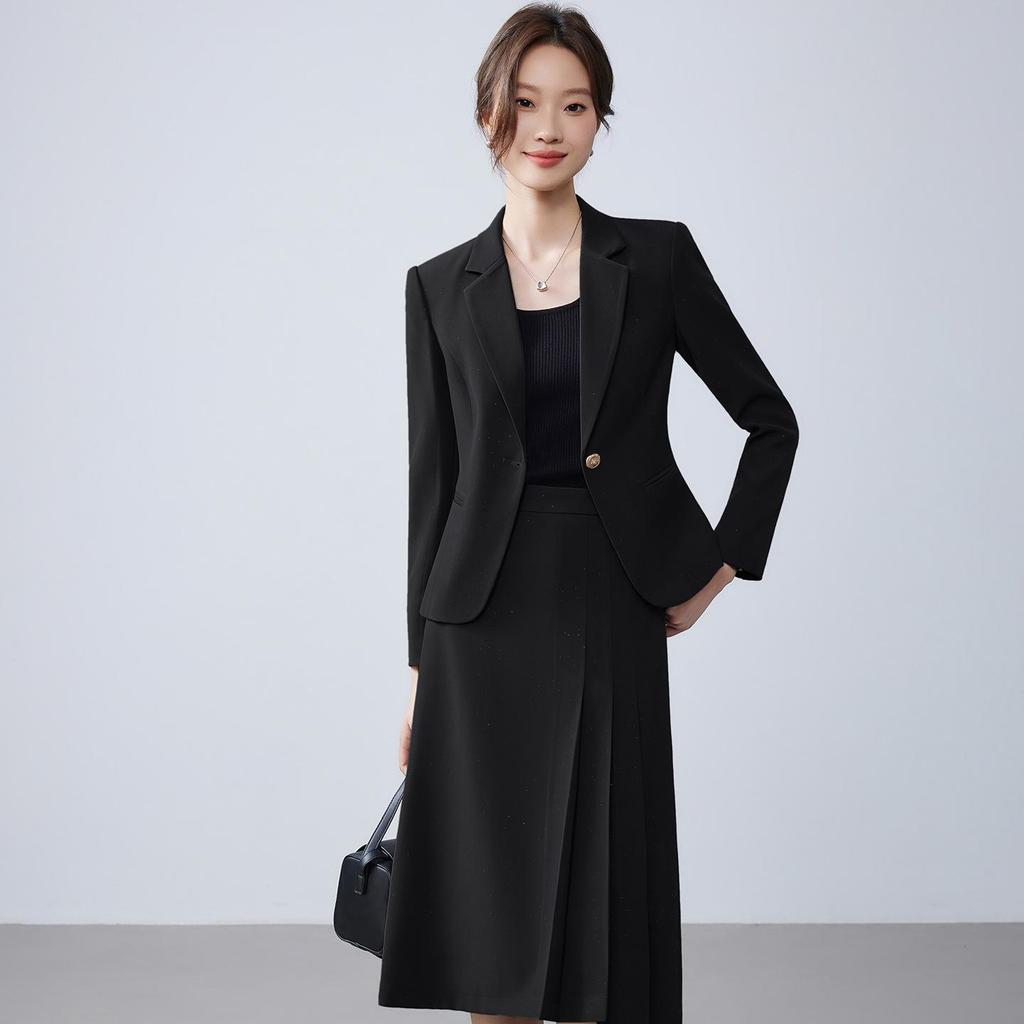 Women's Apricot Silver Suit Jacket & Midi Skirt Set - Spring/Autumn 2025, Slim Fit, High-End Two-Piece